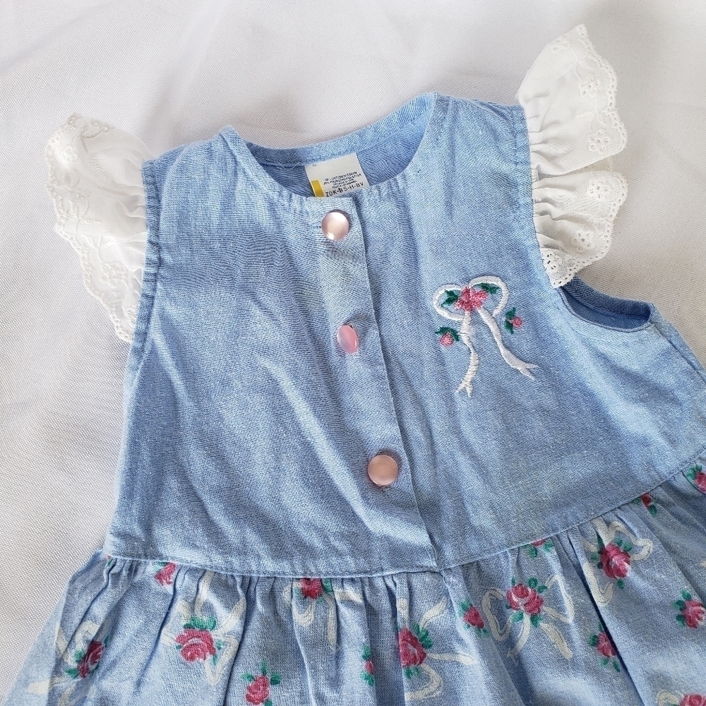 Baby Blue Floral Print Dress and Diaper Cover Set Pink Roses Lace Trim Baby Girl - Picture 3 of 8